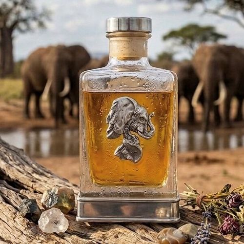 Handcrafted glass hip flask with pewter base featuring detailed elephant emblem on front