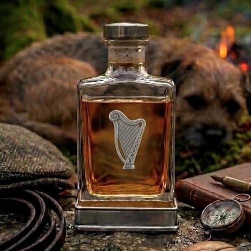 A glass flask with a pewter base and a handcrafted pewter harp emblem on the front