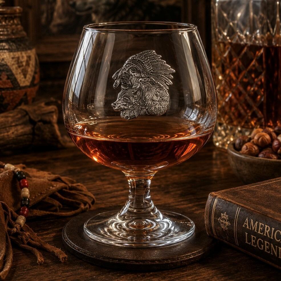 Crystal brandy glass with pewter Native American and wolf emblem, partially filled with amber liquid
