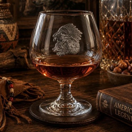 Crystal brandy glass with pewter Native American and wolf emblem, partially filled with amber liquid