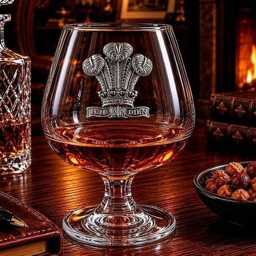Crystal brandy glass with pewter Welsh Feathers emblem, partially filled with amber liquid