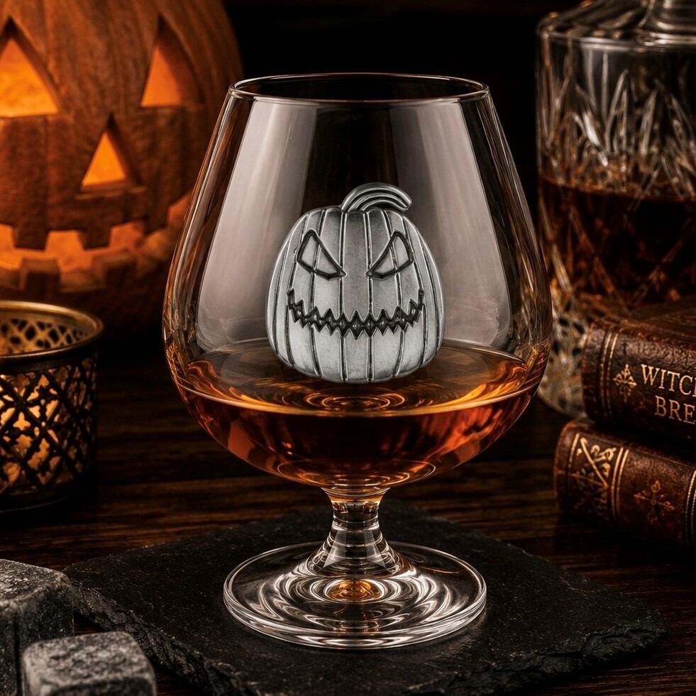 Crystal brandy glass with pewter pumpkin emblem, partially filled with amber liquid