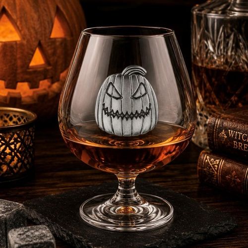 Crystal brandy glass with pewter pumpkin emblem, partially filled with amber liquid