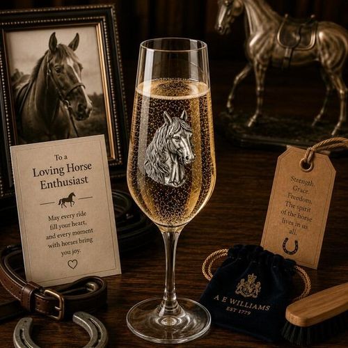 A Champagne Flute with a Pewter Horse badge on the front, filled with Champagne
