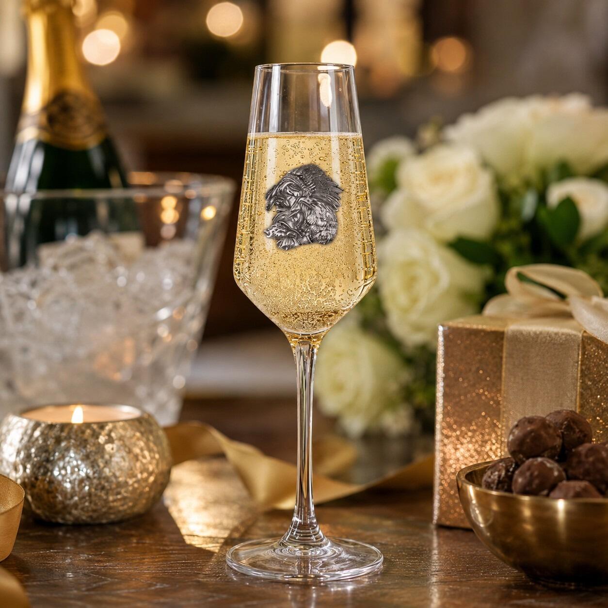 A Champagne Flute with a Pewter Native American badge on the front, filled with Champagne