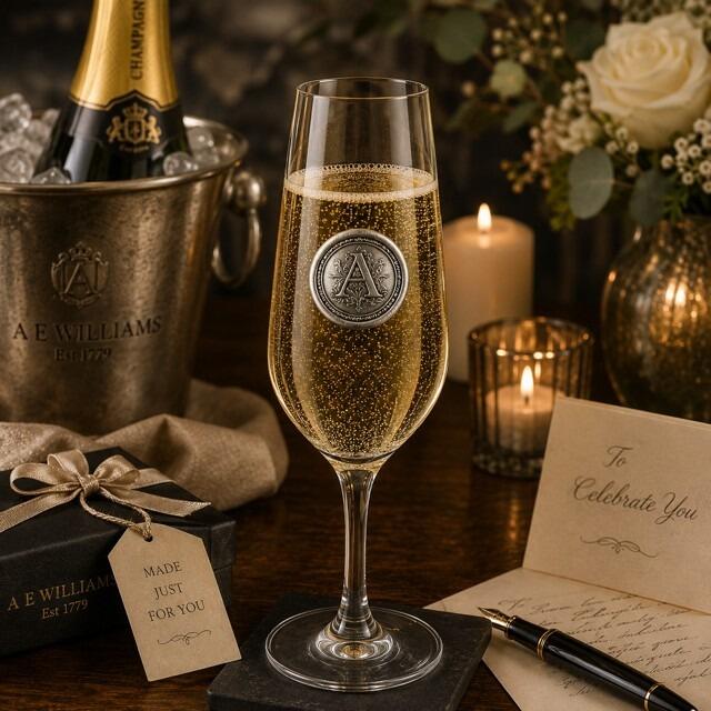 Champagne glass with a circular pewter emblem featuring the initial letter A, filled with sparkling wine