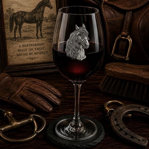 Wine glass with handcrafted pewter Horse badge filled with red wine