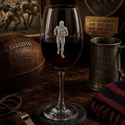 Wine glass with handmade pewter rugby badge filled with red wine