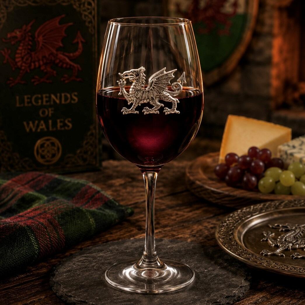 Wine glass with handmade pewter Welsh dragon badge filled with red wine