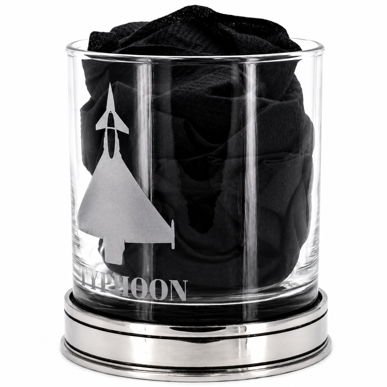 Eurofighter Typhoon Pewter Whisky Tumbler with a black cloth inside the glass