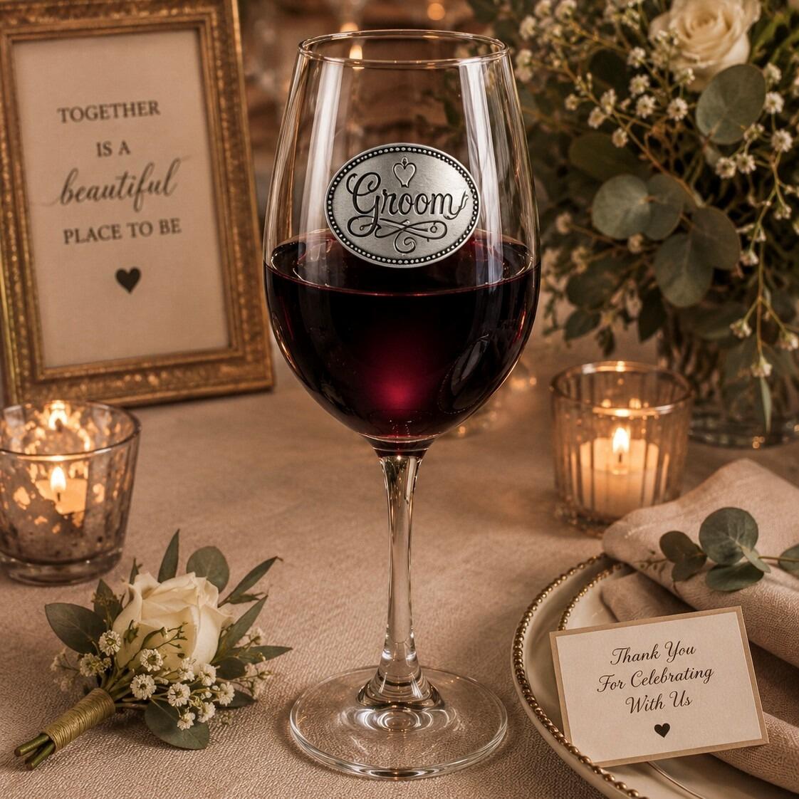 Wine glass with handcrafted pewter Groom badge filled with red wine