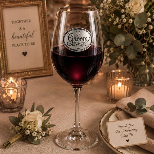 Wine glass with handcrafted pewter Groom badge filled with red wine