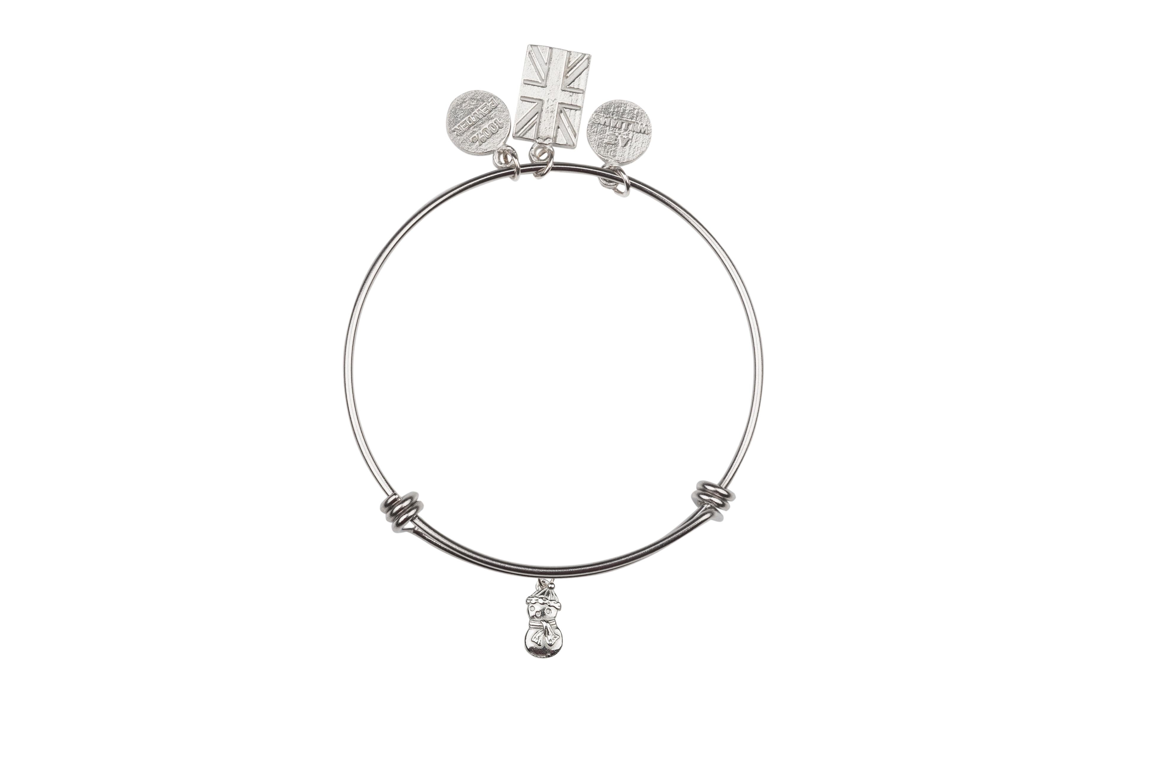 Pewter Snowman Charm with hoop on an adjustable bracelet with 3 other pewter charms