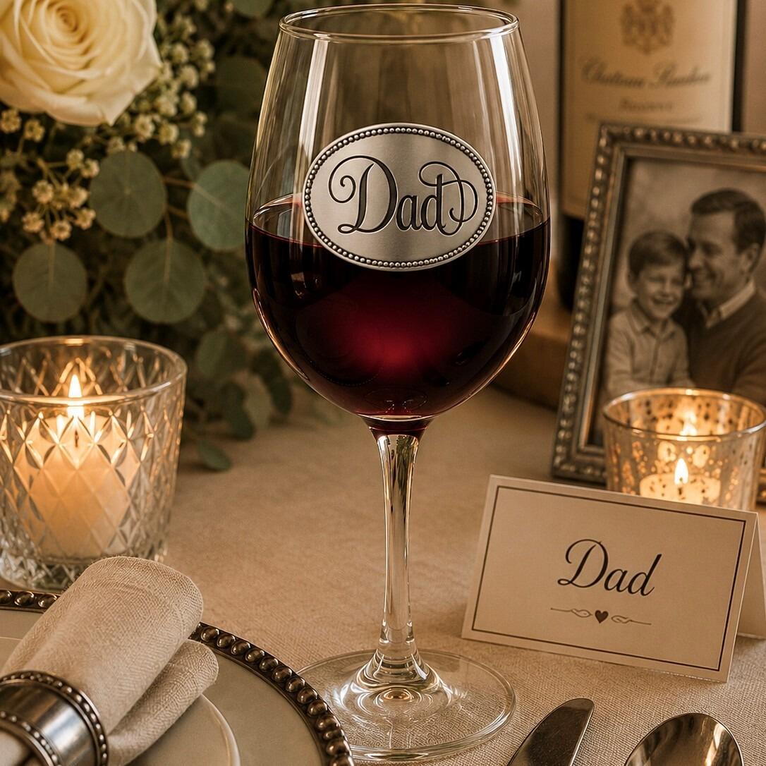 Wine glass with handcrafted pewter Dad badge filled with red wine