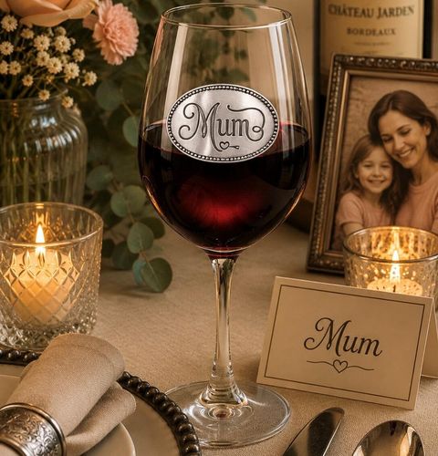 Wine glass with handmade pewter mum badge filled with red wine