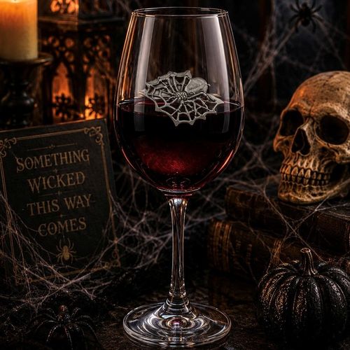 Wine glass with handmade pewter spider badge filled with red wine