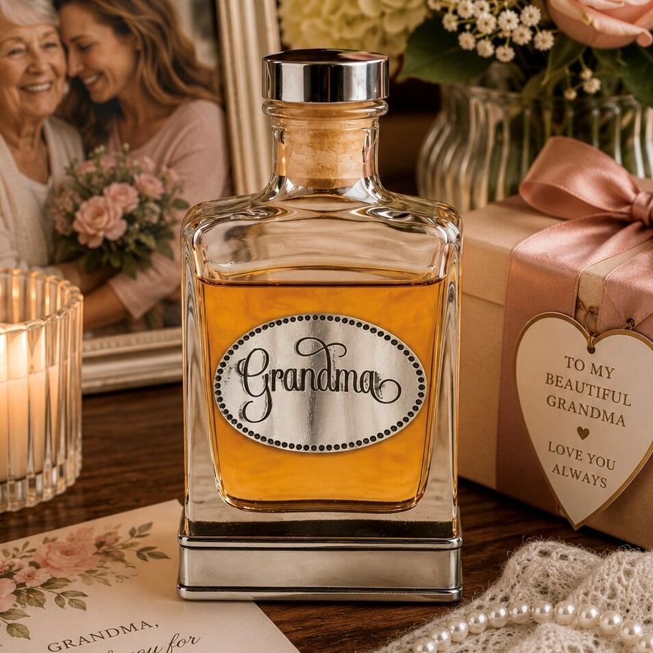 Handcrafted glass hip flask with pewter base featuring detailed grandma emblem on front