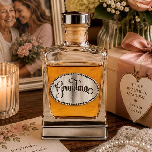 Handcrafted glass hip flask with pewter base featuring detailed grandma emblem on front