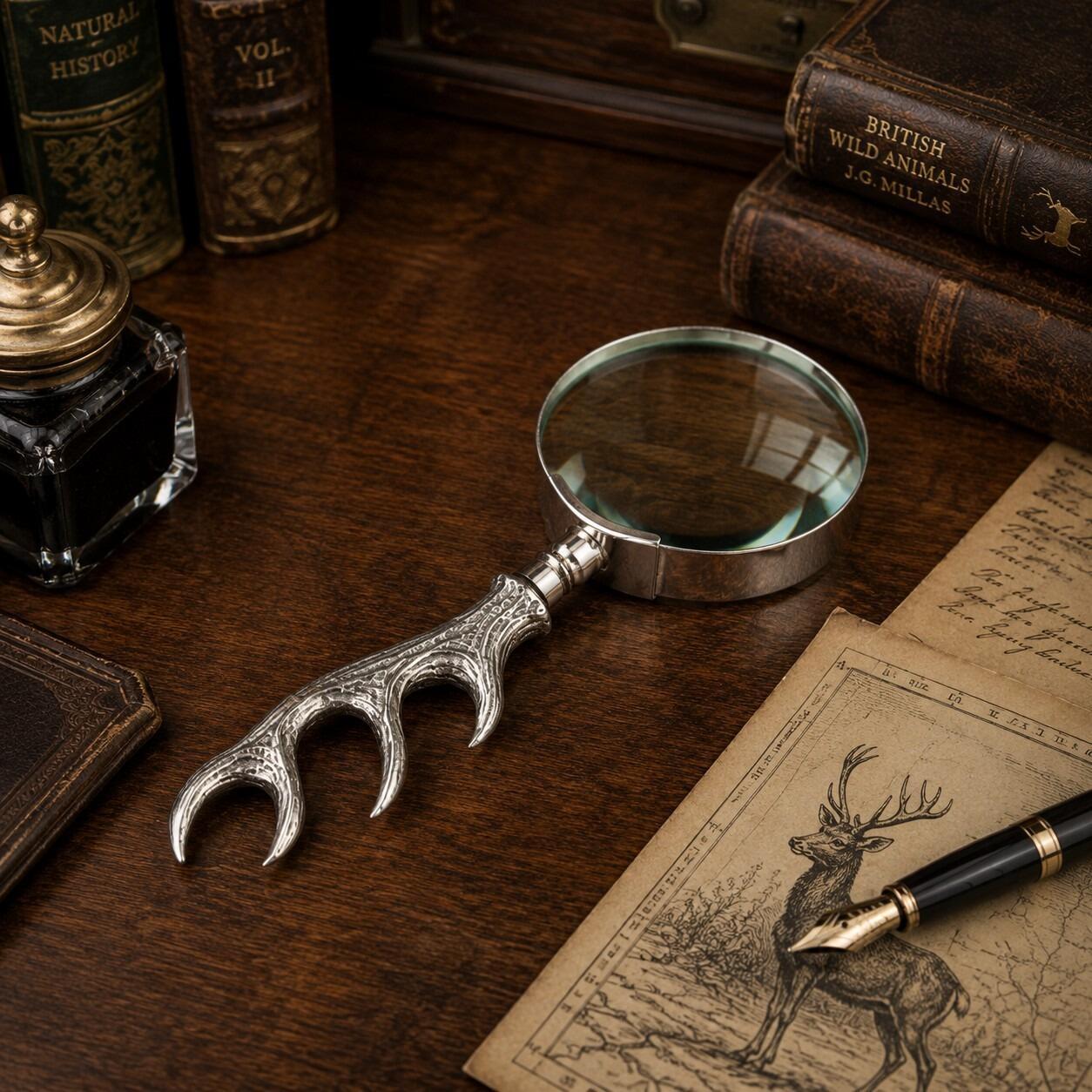 Pewter magnifying glass with detailed antler handle design