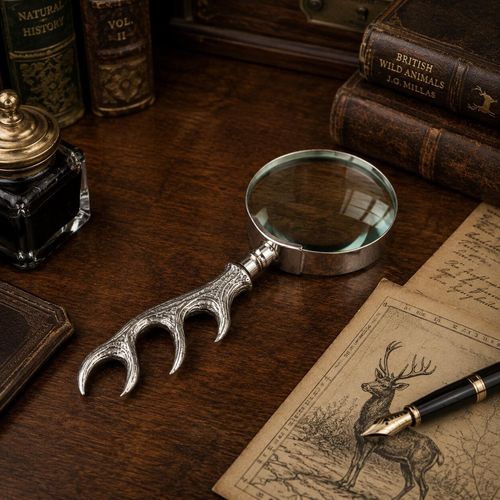 Pewter magnifying glass with detailed antler handle design