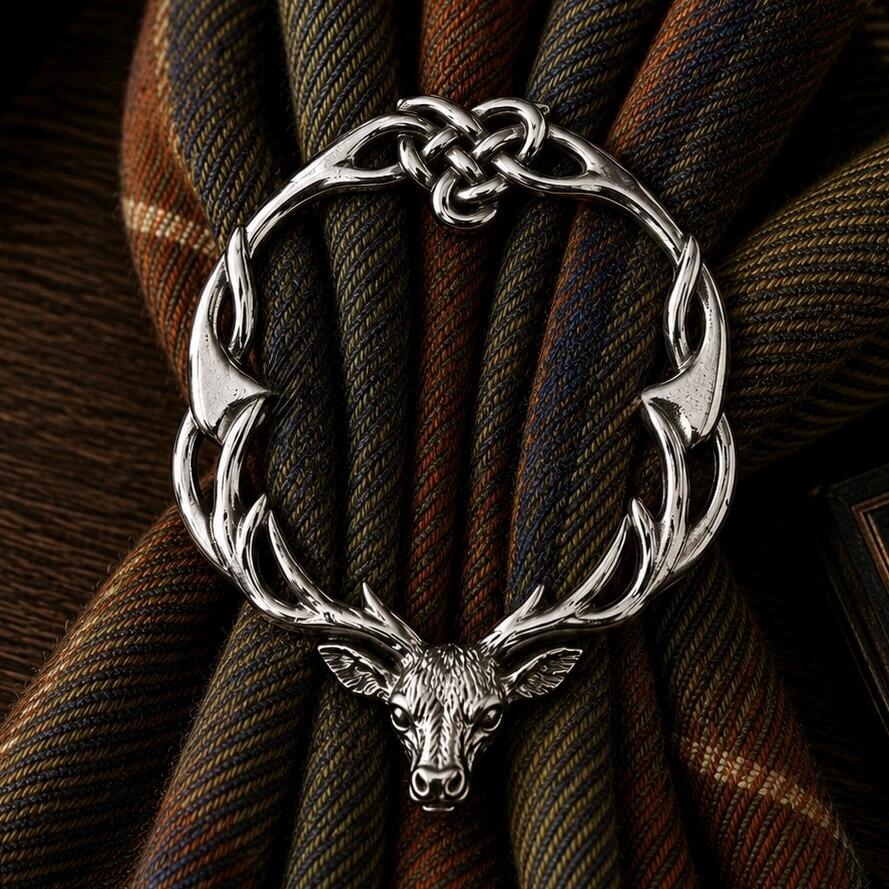 Pewter scarf ring featuring a detailed stag head with antlers that curve into a Celtic knotwork top, cinching an olive green and brown plaid scarf
