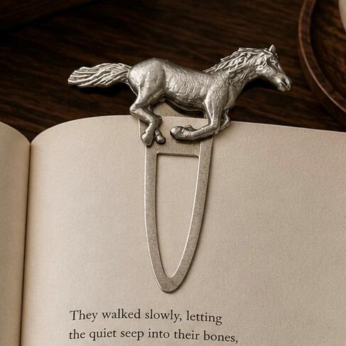 Handcrafted pewter running horse metal clip bookmark resting on open book page