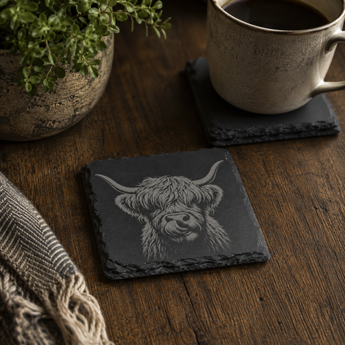Highland Cow Coasters in slate on a table, in a rustic charm environment
