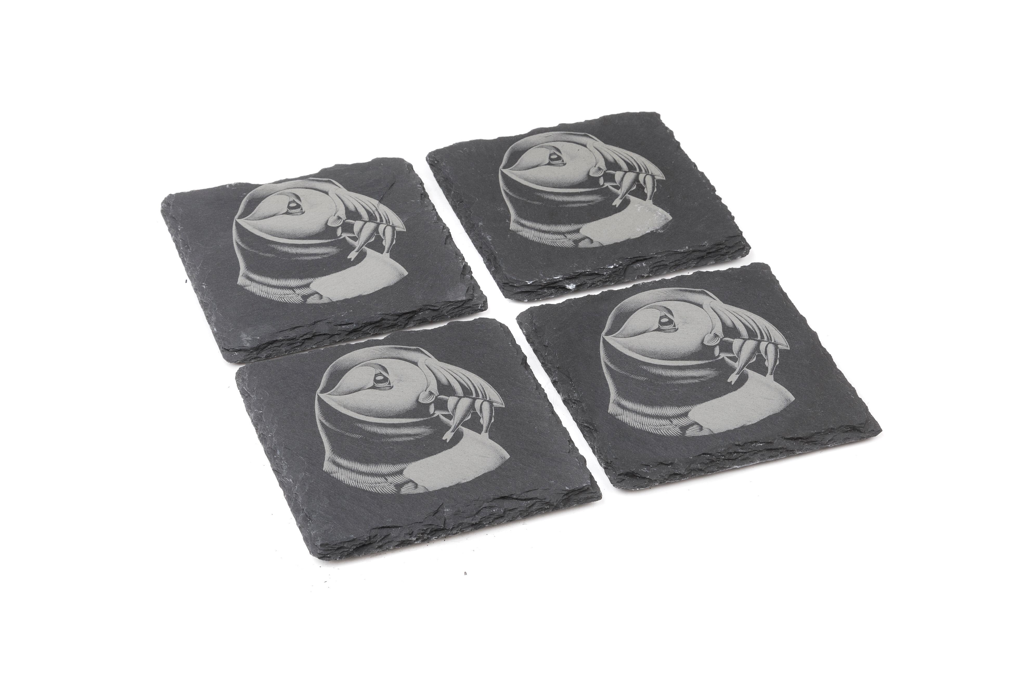 Set of four natural slate coasters with etched Puffin design