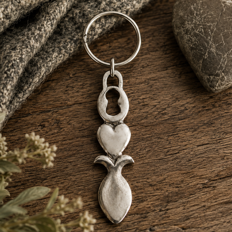 Handcrafted pewter Welsh lovespoon keyring featuring a keyhole cut-out and a smooth heart motif above a spoon bowl, resting on a rustic wooden background next to grey knit fabric and a smooth stone.