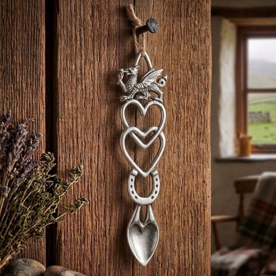 Handcrafted pewter Welsh lovespoon hanging from a twine loop on a rustic wooden beam, featuring a detailed Welsh dragon, two interlocking open hearts, a lucky horseshoe, and a heart-shaped spoon bowl.