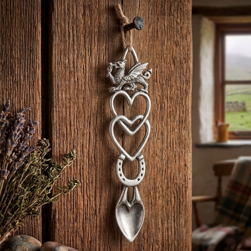 Handcrafted pewter Welsh lovespoon hanging from a twine loop on a rustic wooden beam, featuring a detailed Welsh dragon, two interlocking open hearts, a lucky horseshoe, and a heart-shaped spoon bowl.