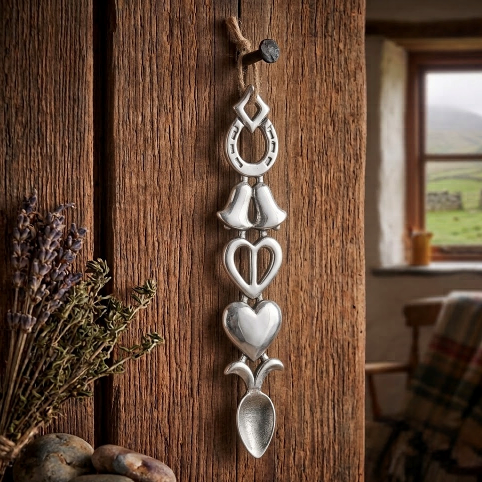 Handcrafted pewter Welsh lovespoon hanging from a twine loop on a rustic wooden beam, featuring a lucky horseshoe, wedding bells, an open heart, a smooth solid heart, and a spoon bowl.
