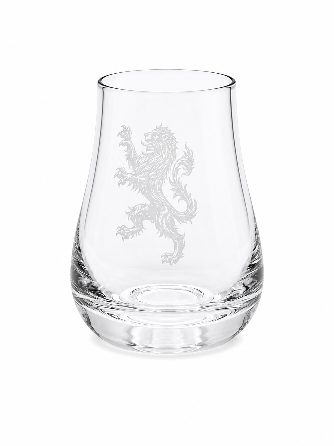 Clear tulip-shaped whisky tasting glass with detailed engraved Scottish Rampant Lion