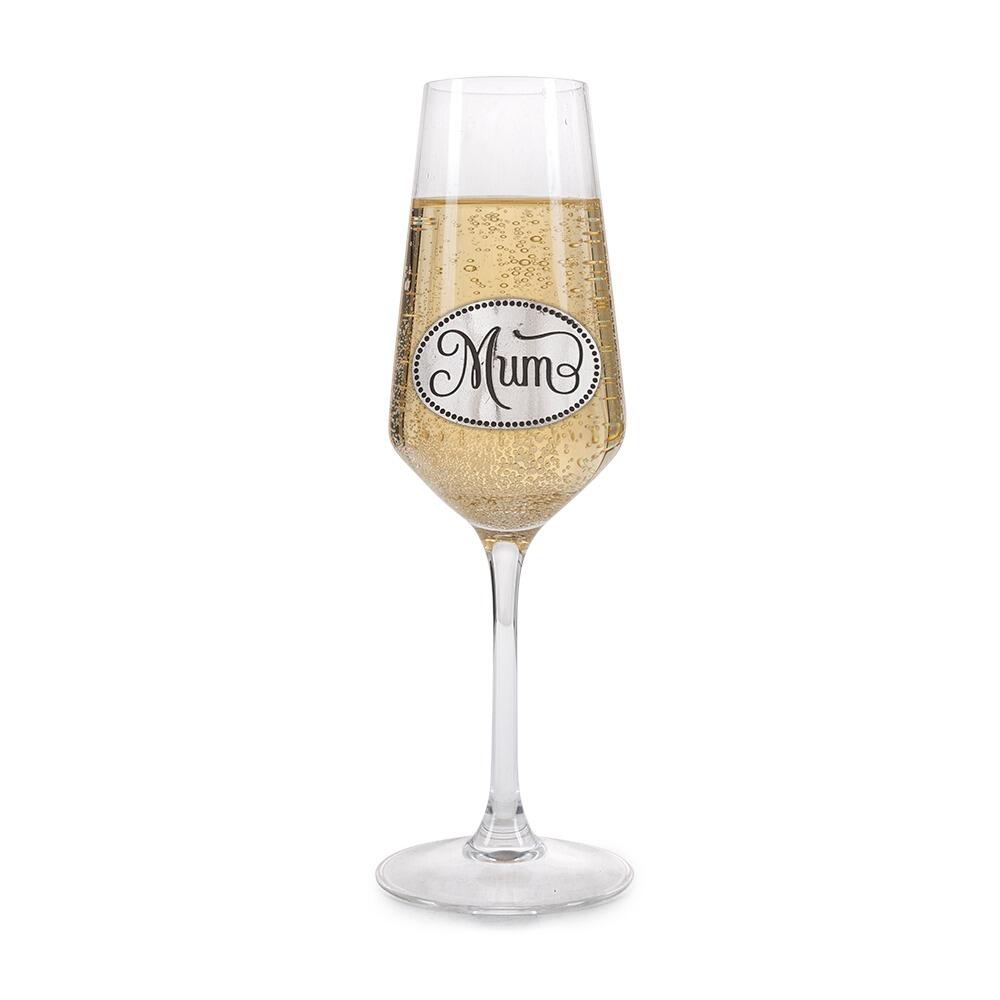 A Champagne Flute with a Pewter Mum badge on the front, filled with Champagne
