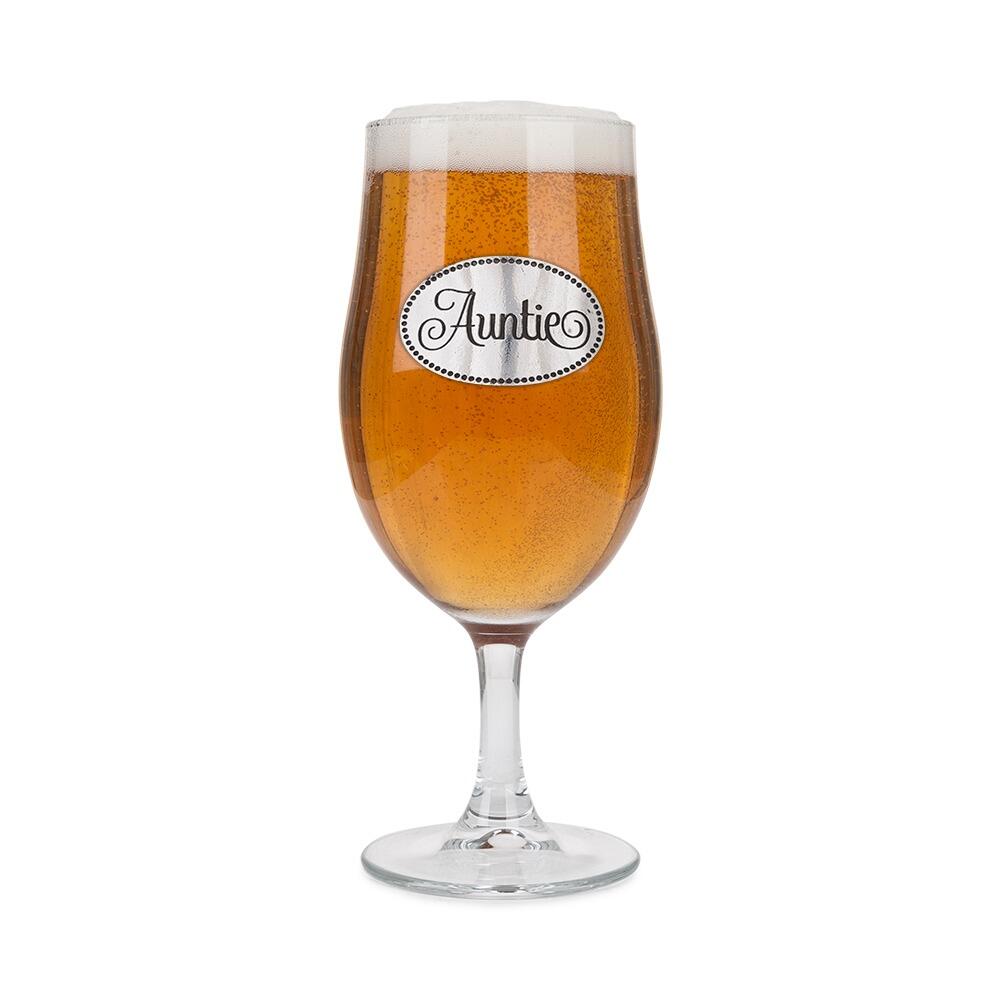 A Stemmed Pint Beer Glass with a Pewter Auntie badge on the front, filled with Beer