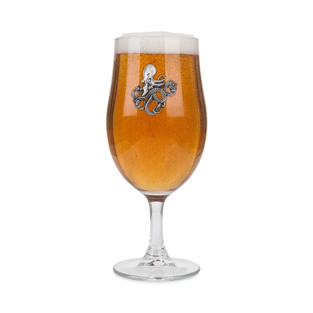 A Stemmed Pint Beer Glass with a Pewter Octopus badge on the front, filled with Beer