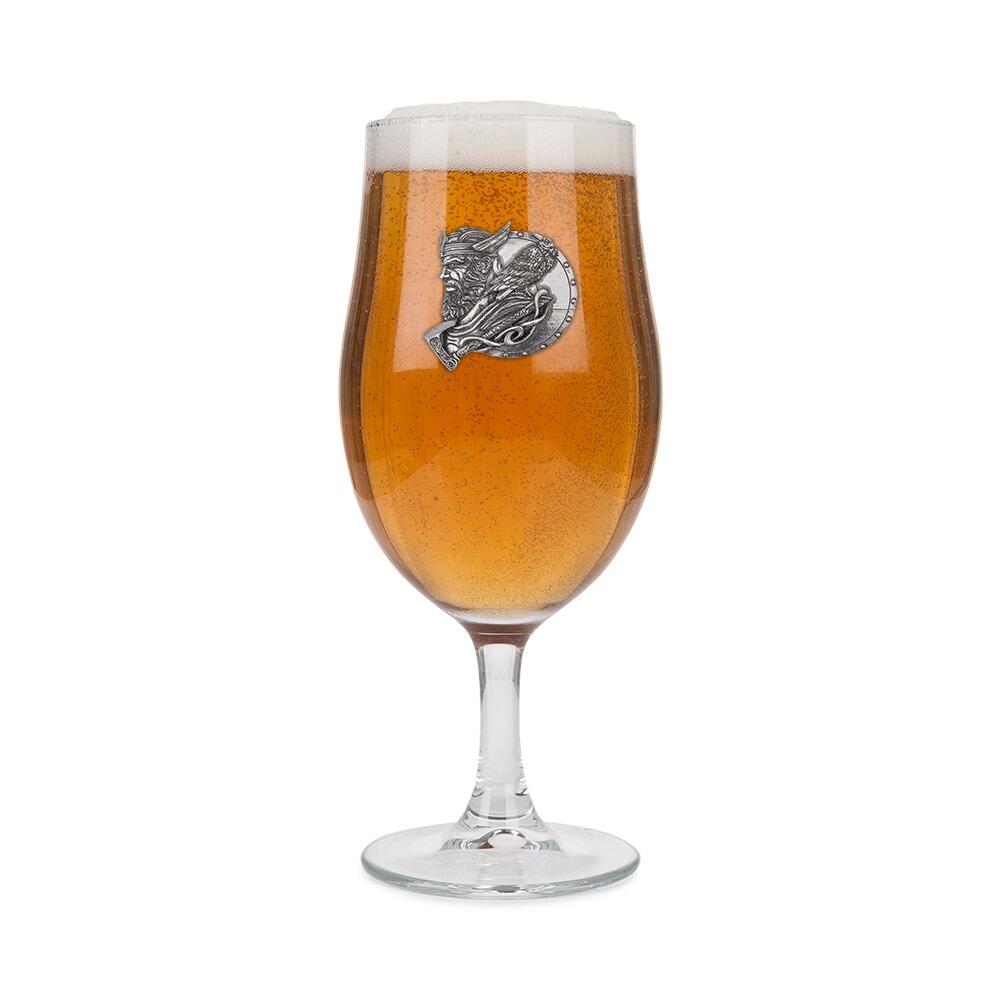 A Stemmed Pint Beer Glass with a Pewter Viking badge on the front, filled with Beer