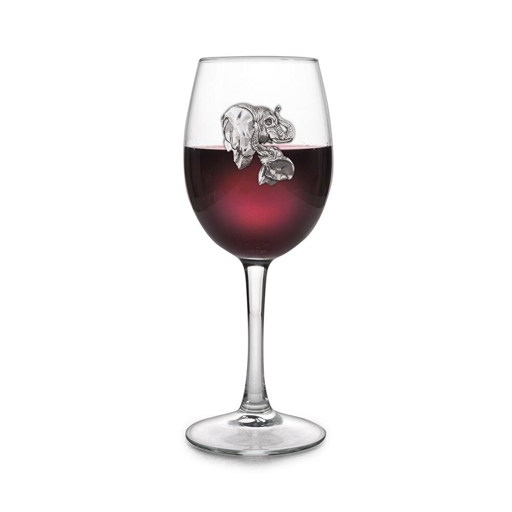 Wine glass with handcrafted pewter Elephant badge filled with red wine