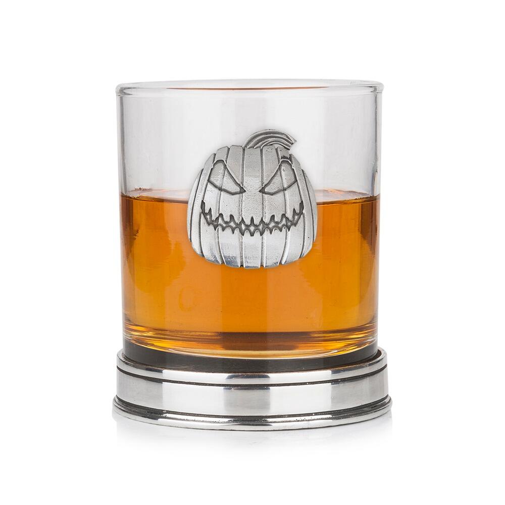A Whisky Tumbler with a Pewter Pumpkin badge on the front