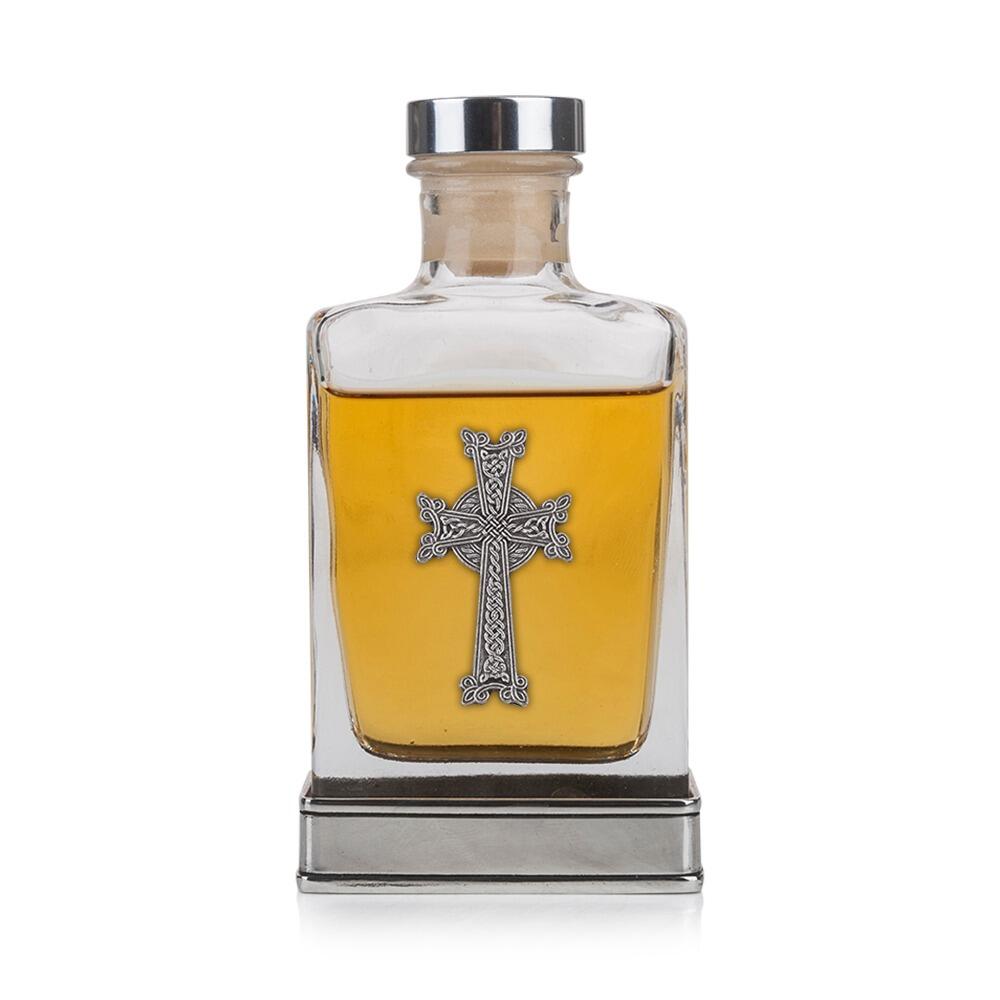 Handcrafted glass hip flask with pewter base featuring detailed cross emblem on front