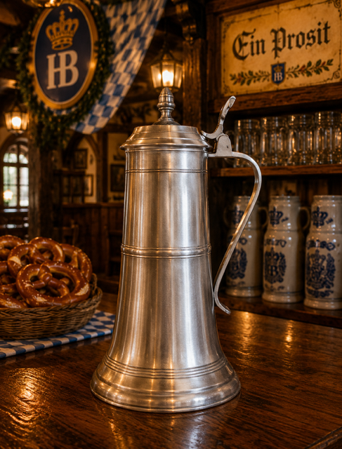 A tall, traditional Bavarian style pewter stein with a smooth, brushed metallic finish and a tapered body accented by subtle horizontal bands. It features a tiered flat lid topped with a small decorative finial and an upright thumbpiece mechanism on its slender handle