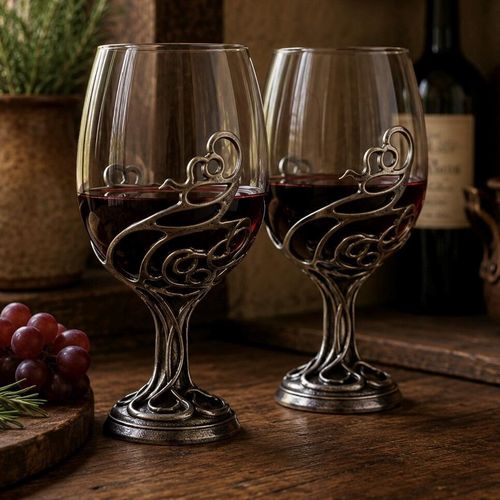 A pair of elegant Art Nouveau style wine glasses filled with red wine, each supported by an intricate pewter base and stem. The sculpted pewter forms a tapered, vine-like stem that branches out into flowing, organic openwork swirls cradling the glass bowl