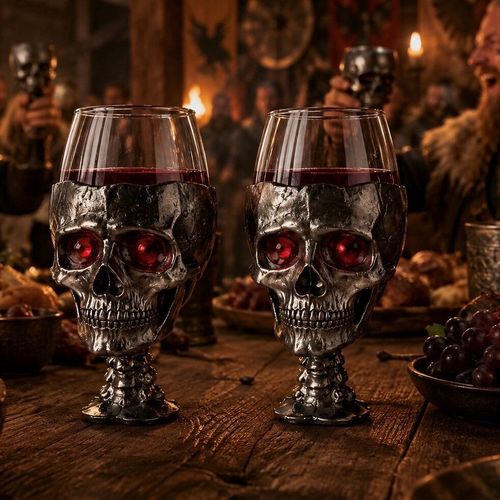 A pair of gothic skull wine glasses filled with red wine, each nestled within a dark, highly detailed pewter skull that forms the holder and stem. The weathered pewter skulls feature prominent teeth, a textured bone finish, and glowing red gems set into the eye sockets, with a skeletal spine serving as the stem