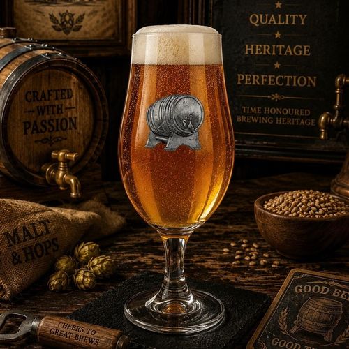 A stemmed beer chalice glass filled with golden ale and a frothy white head, featuring a detailed pewter whisky barrel emblem affixed to the front
