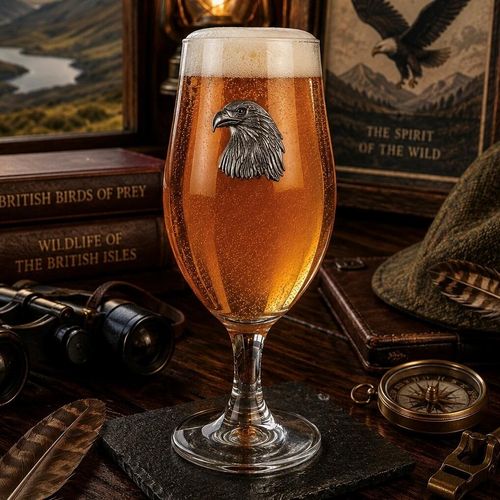 A stemmed beer chalice glass filled with golden ale and a frothy white head, featuring a raised pewter emblem of an eagle head in profile