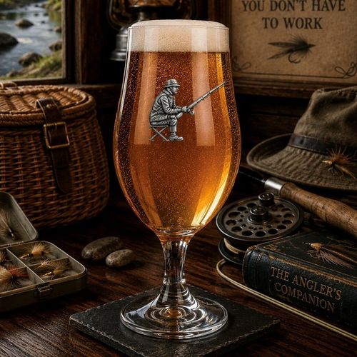 A stemmed beer chalice glass filled with golden ale and a frothy white head, featuring a raised pewter emblem of an angler seated on a stool holding a fishing rod