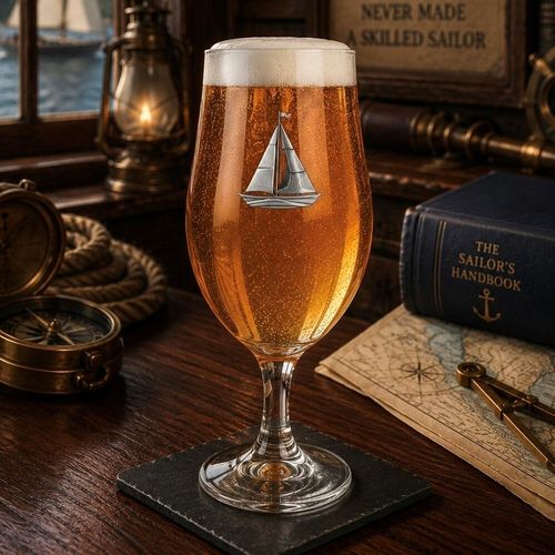 A stemmed beer chalice glass filled with golden ale and a frothy white head, featuring a detailed pewter emblem of a sailboat