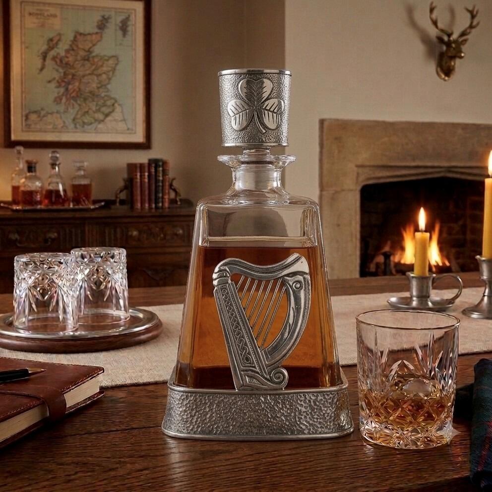 A clear glass spirits decanter filled with amber liquid, sitting in a hammered-effect pewter base adorned with a large, detailed pewter relief of a traditional Irish harp. The decanter is topped with a glass stopper encased in a matching textured pewter sleeve featuring an embossed shamrock