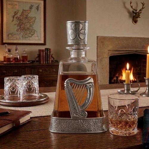 A clear glass spirits decanter filled with amber liquid, sitting in a hammered-effect pewter base adorned with a large, detailed pewter relief of a traditional Irish harp. The decanter is topped with a glass stopper encased in a matching textured pewter sleeve featuring an embossed shamrock