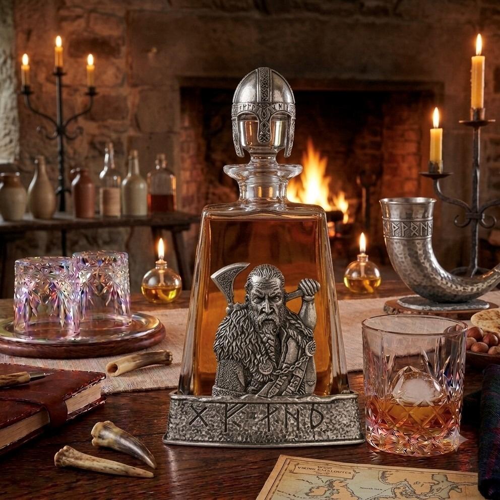 A clear glass spirits decanter filled with amber liquid, sitting in a hammered-effect pewter base engraved with Nordic runes. The front of the decanter is adorned with a detailed pewter relief of a bearded Viking warrior with a braided beard, wearing a fur cloak and holding a battle axe over his shoulder. The bottle is sealed with a glass stopper topped by a sculpted pewter Viking helmet
